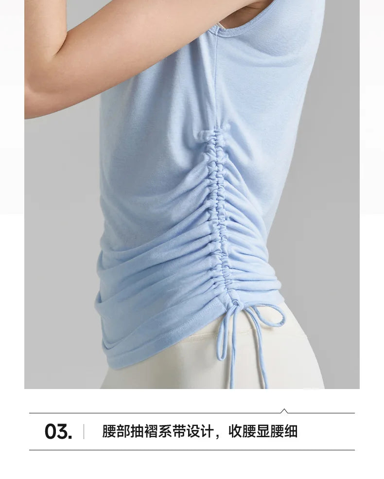 Sleeveless Pleated Cover Shirt with Drawstring, Tight Waist, High-end Feeling, Breathable and Slimming Sports T-shirt