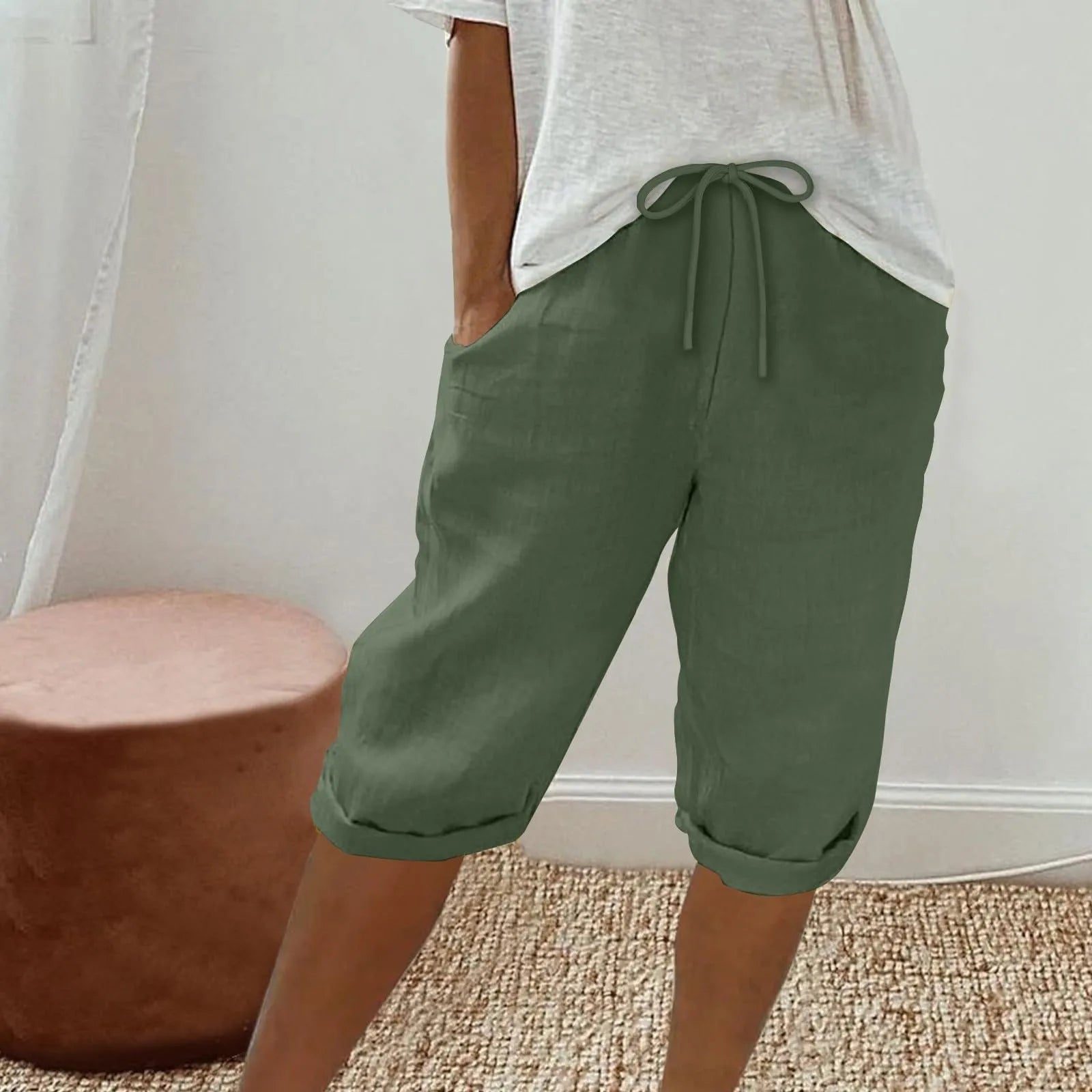 Casual Cotton Linen Pants For Female Streetwear Solid Color Wide Leg Capri Versatile Palazzo Pants Baggy Cargo Pants With Pocket