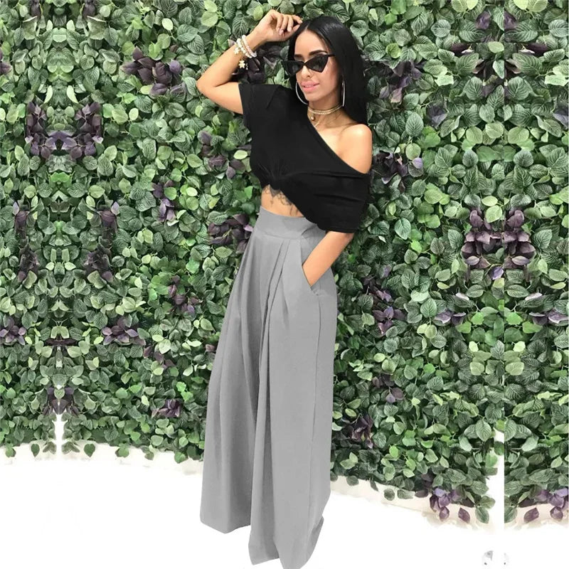 Women Casual Loose Palazzo Pants Autumn High Waisted Wide Leg Trousers Pleated Long Culottes Pants Elastic Waist Trouser Pockets