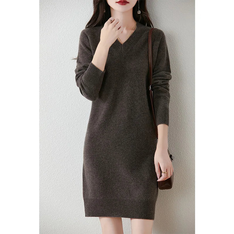 Fashion Autumn Winter Dress Women100%Merino Wool V-neck Long-sleeved Dress Women&