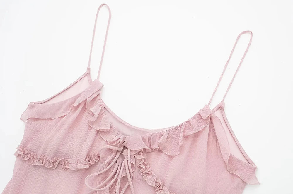 Women Fashion With Ruffled Front Tied Semi-sheer Tank Tops Sexy Backless Thin Straps Female Camis Mujer
