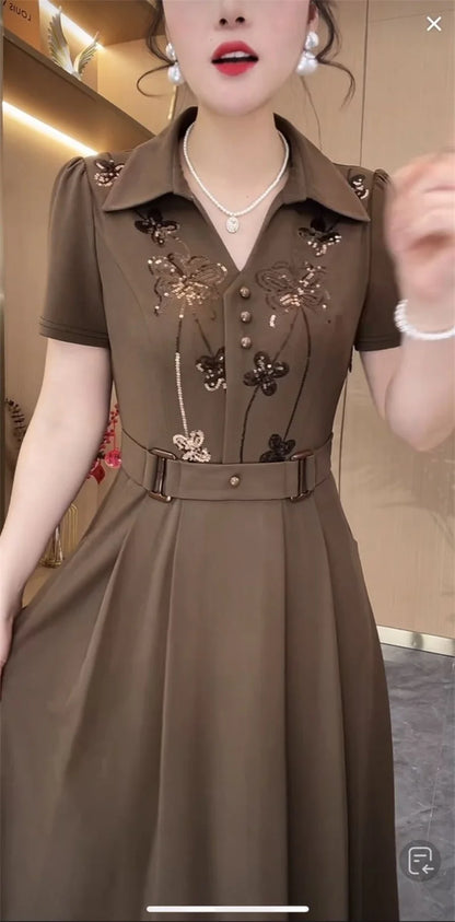 Women Western Style Dress Summer Spring New Fashion High-end Sequin Long Dresses Middle Aged Mother Elegant Slim Vestidos Mujer