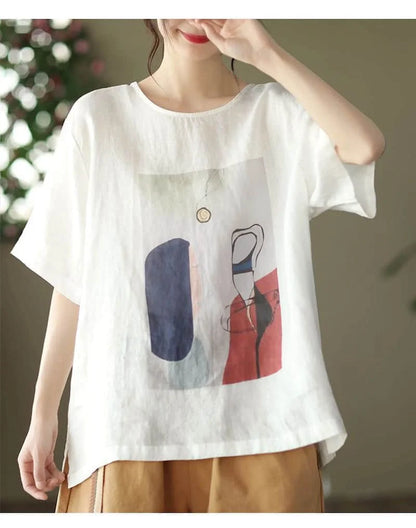 Cotton Linen T Shirts Women Fashion Vintage Art Printed T-shirt Casual Loose O-neck Short Sleeve Tops Summer Trend Thin Tshirt