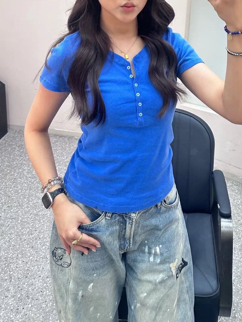 Six Buttons Short Sleeve T-shirts Woman Summer O-neck Cotton Slim Tee Tops Female Casual Simple Solid All-match Tshirts New