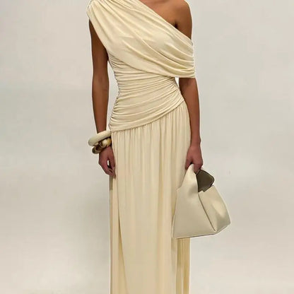 Seductive Dress Fashionable One-Shoulder Ruched Dress Minimalist Solid Asymmetrical Dress Irregular Hemline Wholesaler Gown