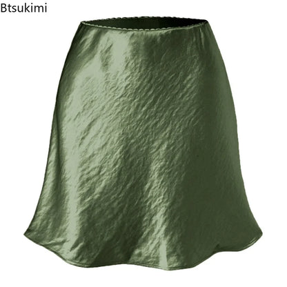 Summer Short Skirts for Women Office Wear Solid Color A Line Luxury Mini Satin Skirt Ladies High Waist Simple Women&