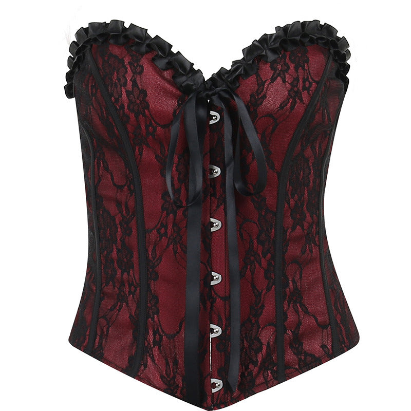Tube Top Gothic Printed Lace Trim Sleeveless Metal Buttons Lace-up Corsets Tank Top Court Elegant Fairy Grunge Top