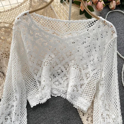 Blouses Women Retro Hollow Out All-match Sweet See-through Leisure Summer Sun-proof Korean Style Female Slim Crop Bohemian Ins