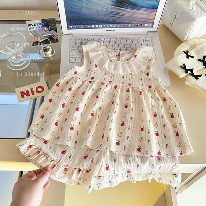 Two-Piece Set  Sleeveless Princess Dress with Floral Print, Summer Thin Outfit for Baby Girls Baby Girl Cute Floral Skirt