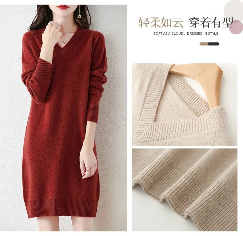 Fashion Autumn Winter Dress Women100%Merino Wool V-neck Long-sleeved Dress Women&