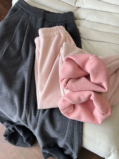 2025 Women Winter Autumn Thick Pants High Waist Wide Leg Warm Woolen Pants Fashion Clothes Vintage Pants Female Trousers