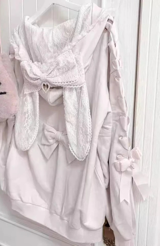 Hoodies Women 2025 Autumn New Sweet Bunny Ear Lace Hooded Sweatshirt for Women Cute Loose Tie Long Sleeve Jacket