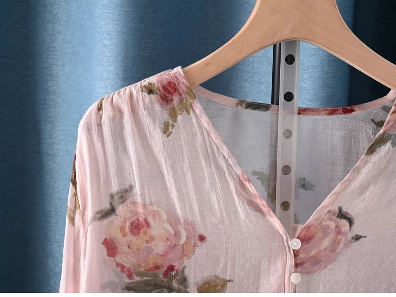 2026 Autumn clothes woman French fashion v neck rose floral print shirts and blouses for women vintage ladies tops