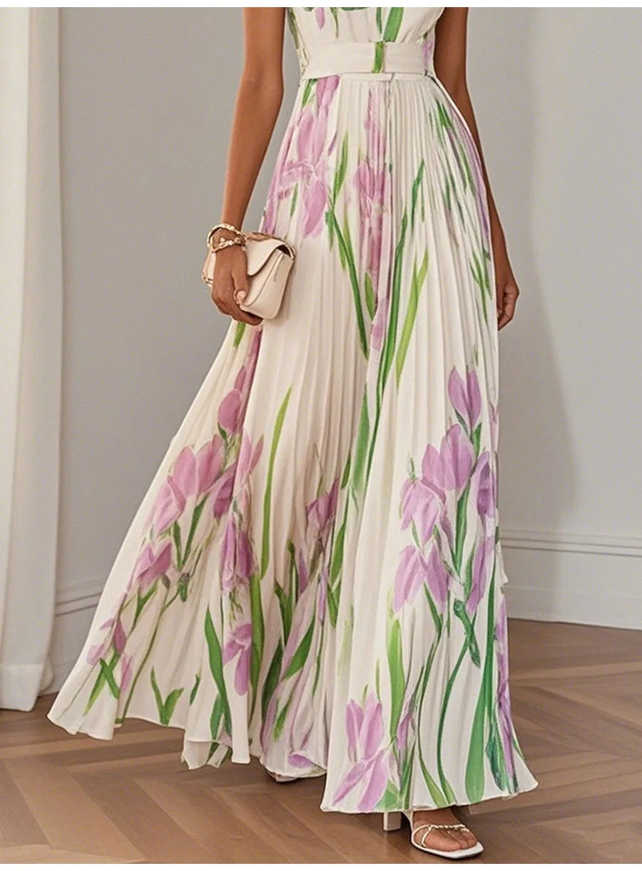 Sexy Flower Print Long Dress Women Summer 2025 Fashion Sleeveless Strap Maxi Dresses Elegant