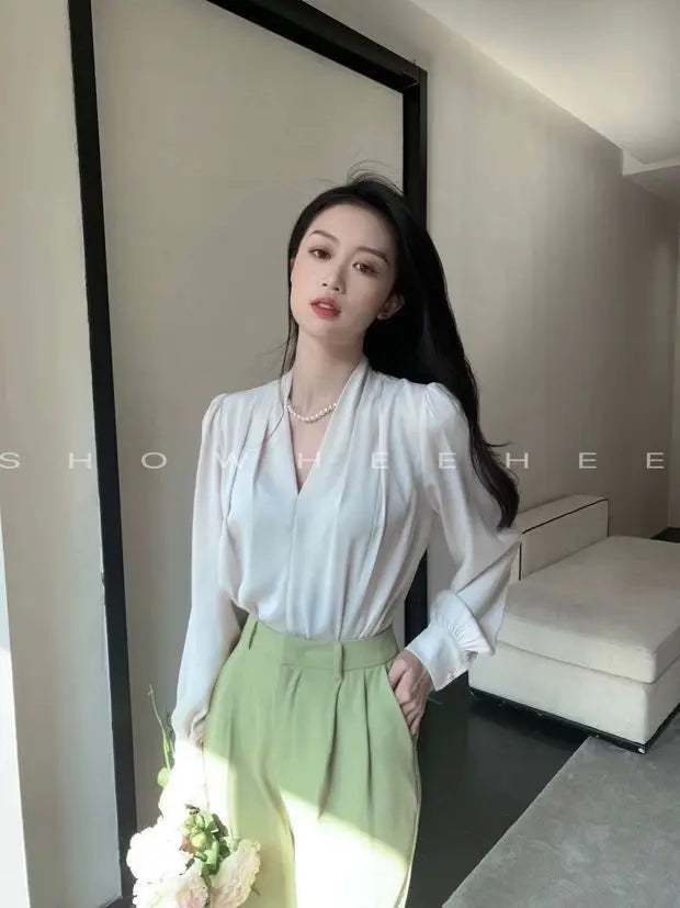 Women Clothing Fashion Loose V-Neck Chiffon Top Spring Autumn Elegant Long Sleeve Blouse Office Lady Simplicity Cozy Solid Shirt