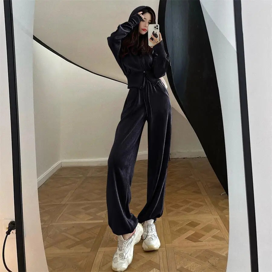 Fashion Suit for Women Spring  Autumn Korean New Hooded Sweatshirt Casual Trousers Two-piece Trendy Set