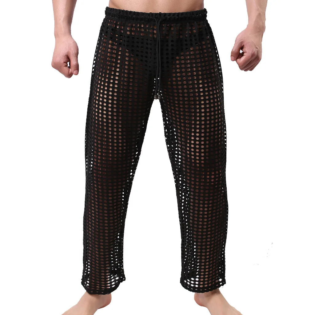 Mens Pajamas Sexy Mesh See Through Long Pants Sleepwear Fishnet Hollow Out Fitness Trousers Sleep Bottoms Sexy Underwear