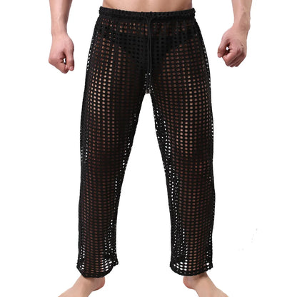 Mens Pajamas Sexy Mesh See Through Long Pants Sleepwear Fishnet Hollow Out Fitness Trousers Sleep Bottoms Sexy Underwear
