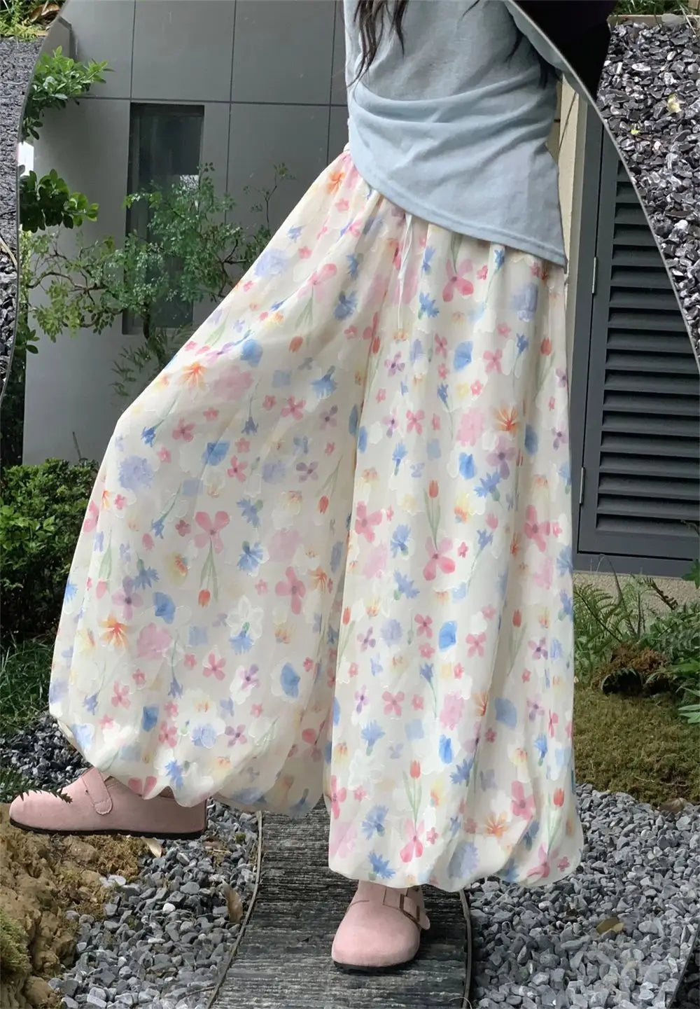 Summer French Style Floral Palazzo Pants Women High Waist Loose Boho Print Wide Leg Trousers with Drapery Comfortable &amp; Elegant
