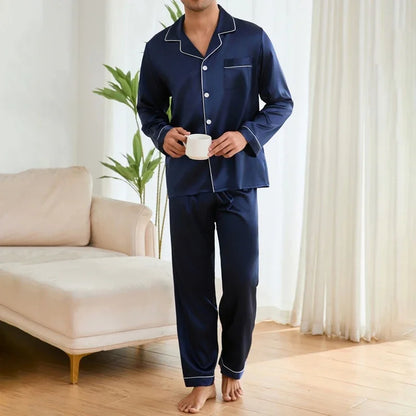 Men Sleepwear Satin Pajama Sets Long Sleeve Tops with Trousers Pajama Pj Sets Soft and Comfortable Autumn Pajamas Loungewear Set