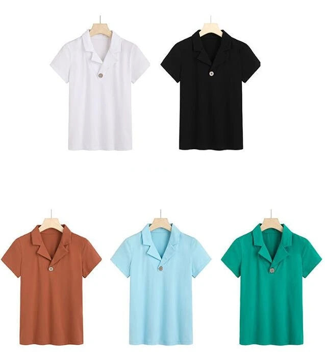 T-shirt Woman Button Tops Short Sleeve Tee Clothing Plain Polo Neck Shirts for Women Trend Luxury Polyester High Quality Sale V