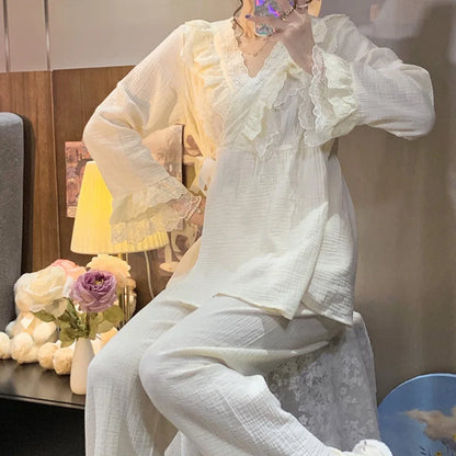 Pajama Pants Princess Sleepwear Lace Pajamas Sleeping Pajamas Women Home Clothes for Women Homewear Home Set Female Cute Pjs