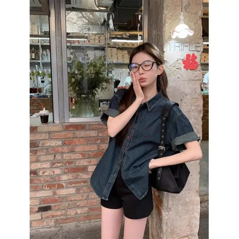 Women k Blue Denim Short Sleeve Shirt Oversized Button Down Loose Fit Casual Streetwear Top