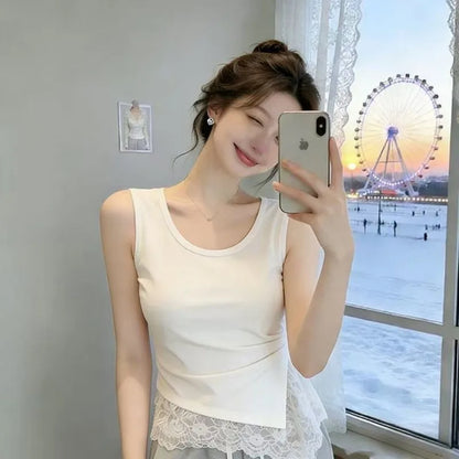 Sleeveless Lace Spliced   cut-sleeve Top for Women with Irregular Hem Layered Mid-length Vest Versatile Stylish