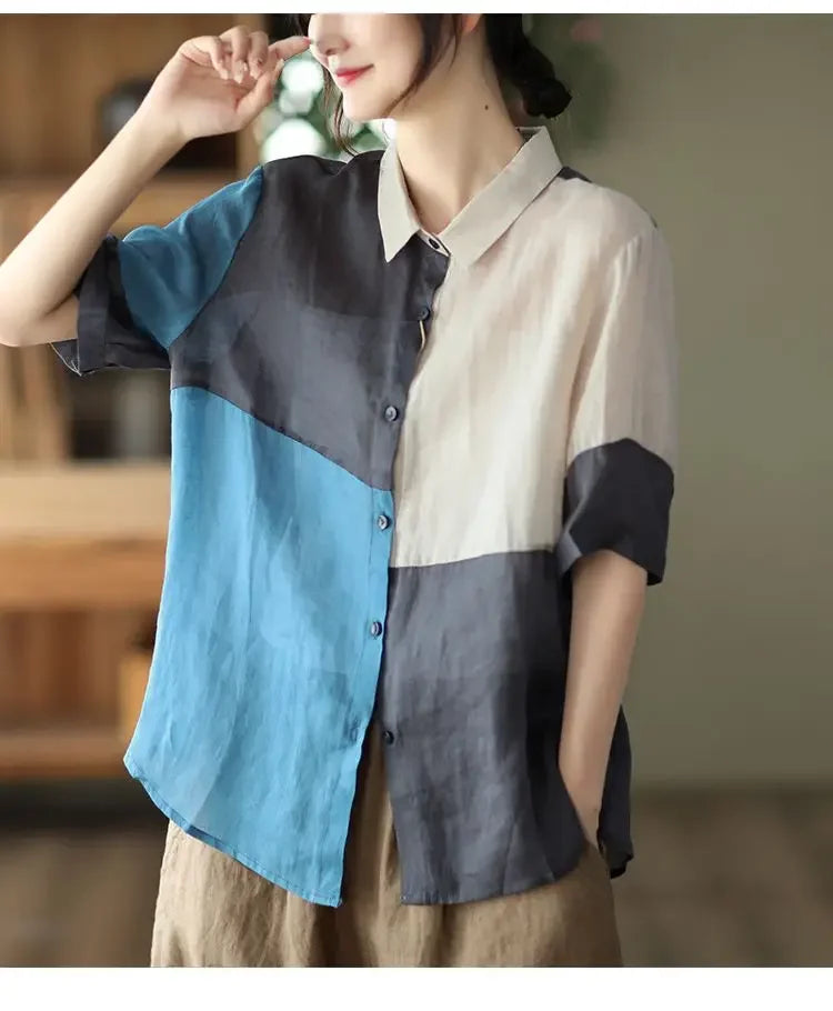 Cotton and Linen Shirt for Women Fashionable and Versatile Cardigan Lapel Top Thin Blouse Patchwork Casual Chic Female Clothes