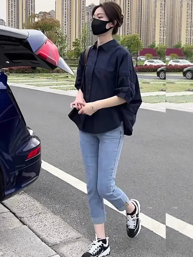 Women Blouses Elegant Streetwear Office Casual Loose Button Up White Blue Long Sleeve Vintage Oversize Shirt Tops