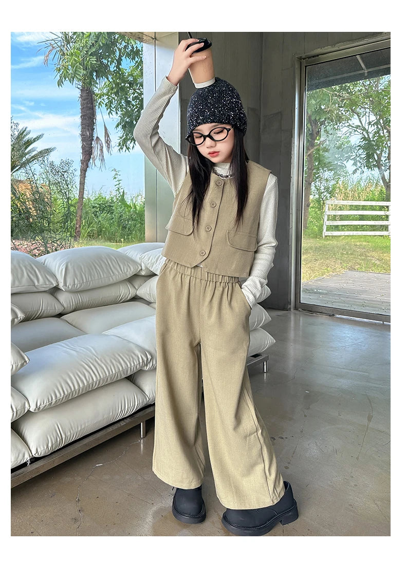 Design junior girls clothes set Round neck vest+cotton t-shirt+Wide leg pants 3pcs teenage kids clothing suit chidren outfits 14
