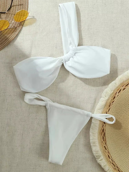 Bikini Set Women Sexy Sleeveless One Shoulder Swimsuit Two-Piece Swimwear 2025 Summer New Fashion Solid Color Bathing Beachwear