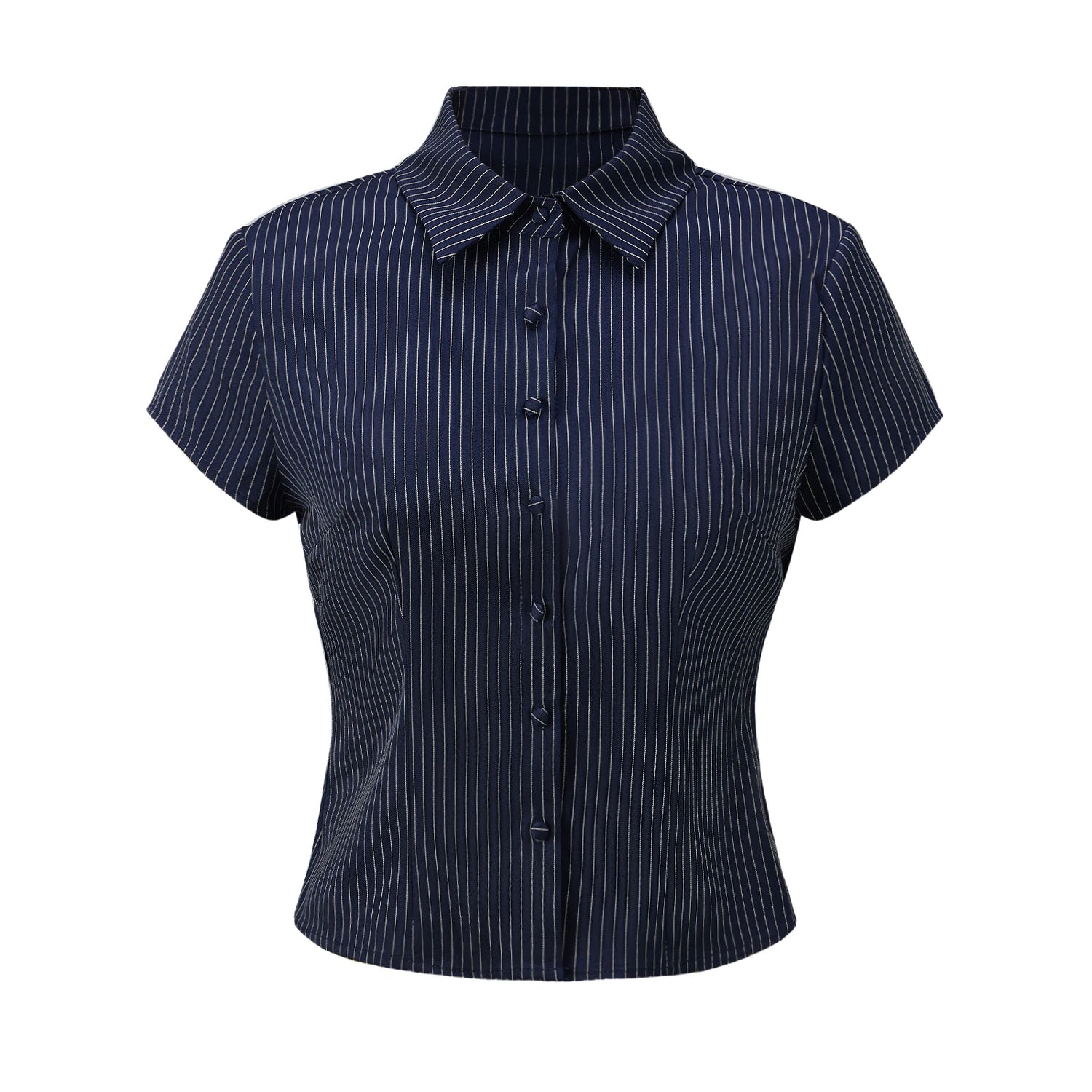 Women Button Down Slim Fit Striped Shirt Fashionable Summer Short Sleeve Turn Down Collar Tops for Casual Daily Wear