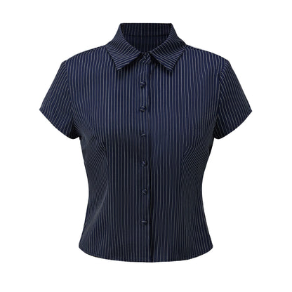 Women Button Down Slim Fit Striped Shirt Fashionable Summer Short Sleeve Turn Down Collar Tops for Casual Daily Wear