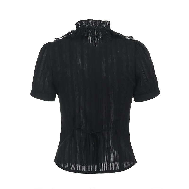 Sweet Lolita Cotton Shirts Women Vintage Gothic Black White Jacquard Short Sleeve Blouses Elegant Office Lady Y2k Tops