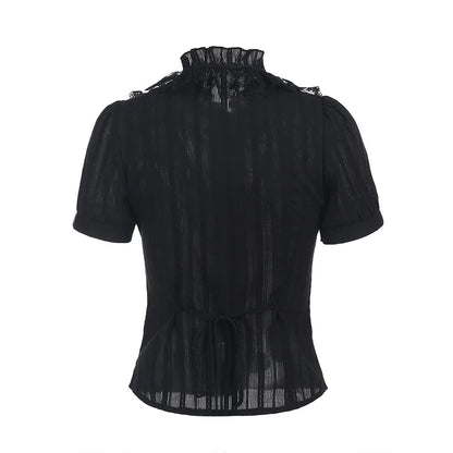 Sweet Lolita Cotton Shirts Women Vintage Gothic Black White Jacquard Short Sleeve Blouses Elegant Office Lady Y2k Tops