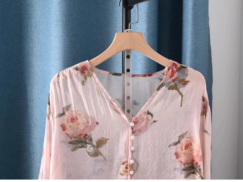 2026 Autumn clothes woman French fashion v neck rose floral print shirts and blouses for women vintage ladies tops