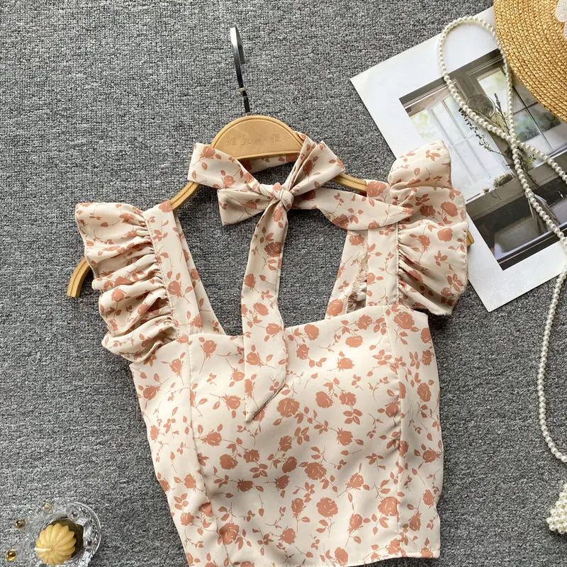Crop Tops Camis Women Ruffles Sexy Elegant Simple Streetwear Vintage Summer Holiday Casual Young Aesthetic All-match Ulzzang New