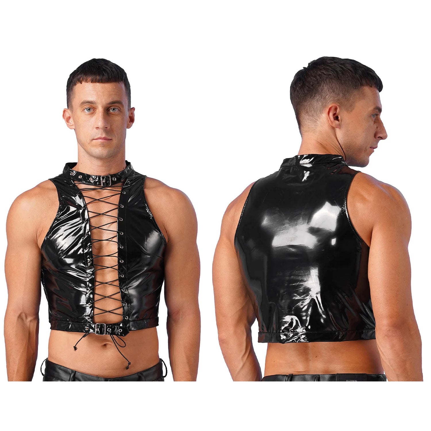 Mens Sleeveless Crop Top for Men Gothic Punk Clubwear Wet Look Patent Leather Vest Tops Hollow Out Eyelet Lace-Up Sleeveless Top