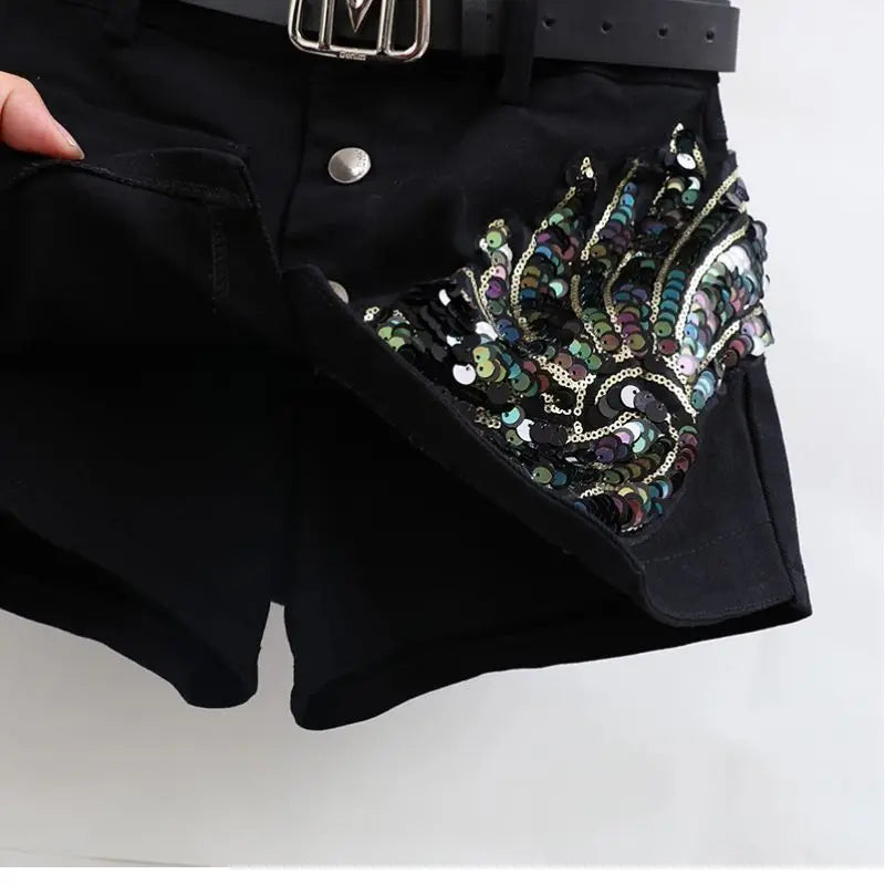 Fashion Sequin Denim Short Skirt Women Spring/Summer 2025 New Korean High Waist Slim Irregular Sexy Hot Pants White Black Casual