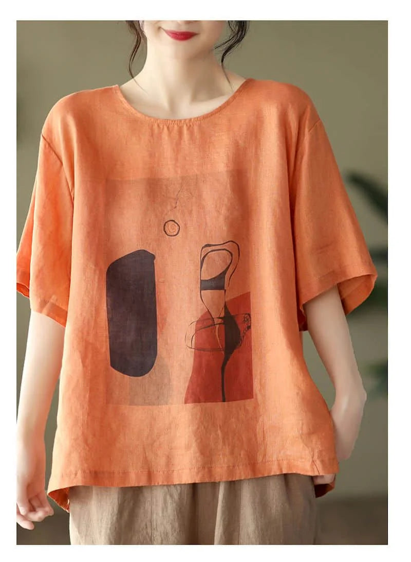 Cotton Linen T Shirts Women Fashion Vintage Art Printed T-shirt Casual Loose O-neck Short Sleeve Tops Summer Trend Thin Tshirt
