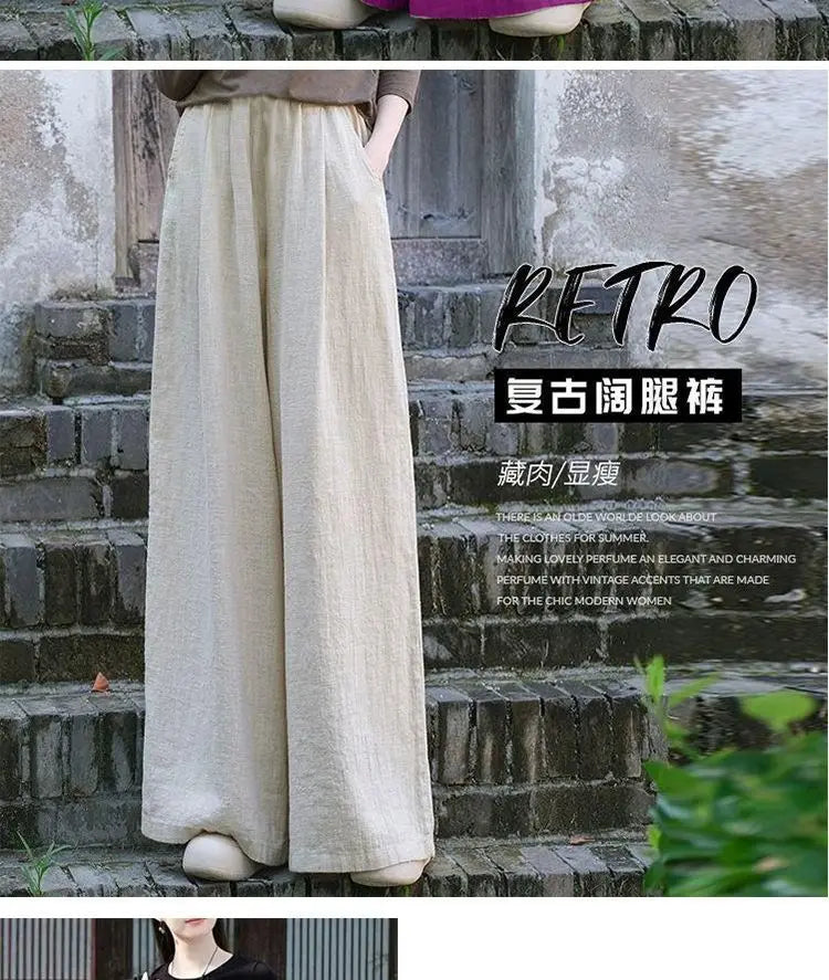 Linen Wide Leg Pants Women Casual Bohemian Loose Flowy Palazzo Pants Summer Spring
