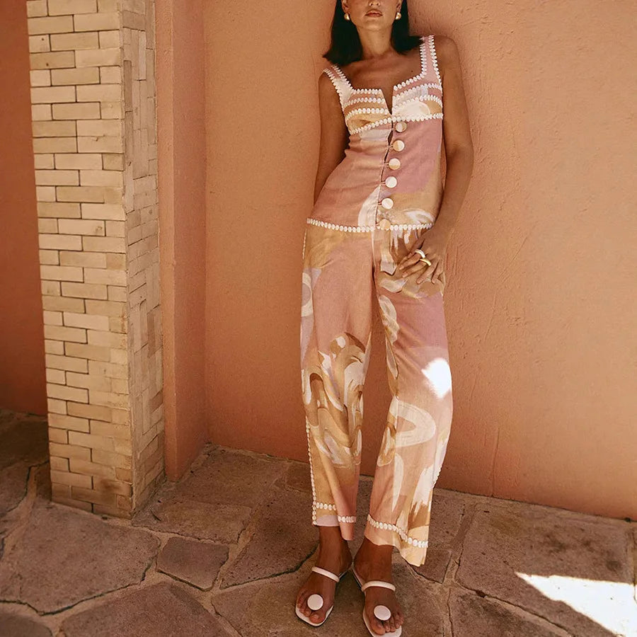 Women Sleeveless Top Two Pieces Matching Sets 2025 Summer Printed Patchwork Chic Outfit V Neck Fashion Simple Lady Suit Clothing