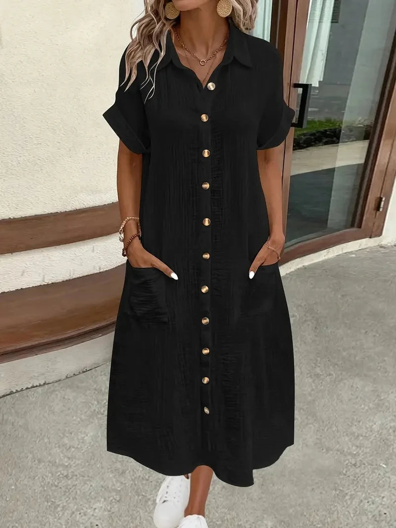 Short Sleeve Button Down Shirt Dress with Pockets Casual Loose Fit Maxi Dress for Women