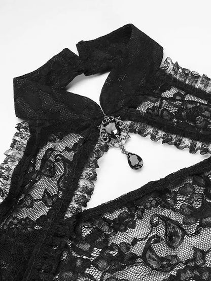 Gothic Crop Tops for Women, Black Flare Sleeves Floral Paisley Lace Panel Cut Out Halloween Shurg Top