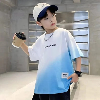 Kids Clothes T Shirt Summer Boys Girls Color Block Gradient Short Sleeve T Shirt Tops Children&