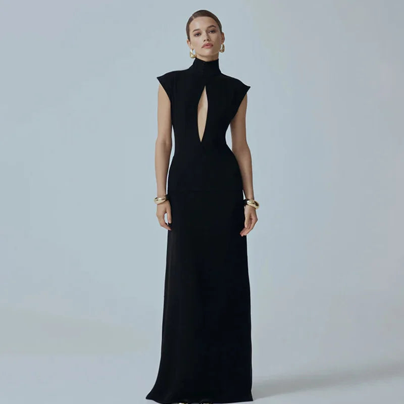 Solid Dresses For Women Fashion Sexy Streetwear Short Sleeves Turtleneck Hollow Out Sheer Long Vestidos Robes Female Elegant Fit