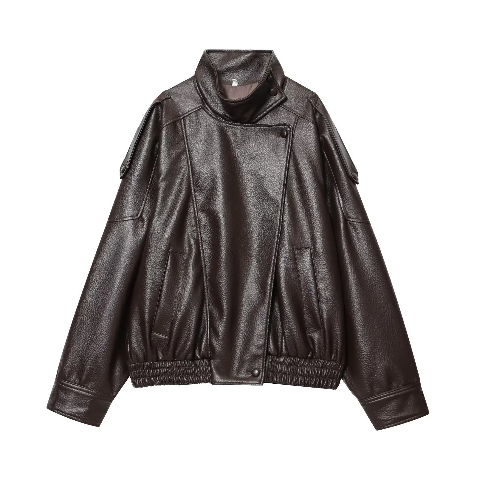 TFMLN 2025 Women Faux Leather Loose Jacket High Street Stand Collar Long Sleeve Coat Fashion Causal Zipper Outwear Autumn Winter