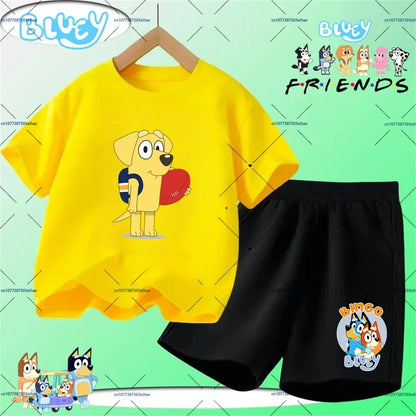 Vacation Kawaii Kids 2PCS Clothing Bluey Cartoon Print T-Shirt And Shorts Summer Casual Street Style Light Outfit Age 3-14 Years
