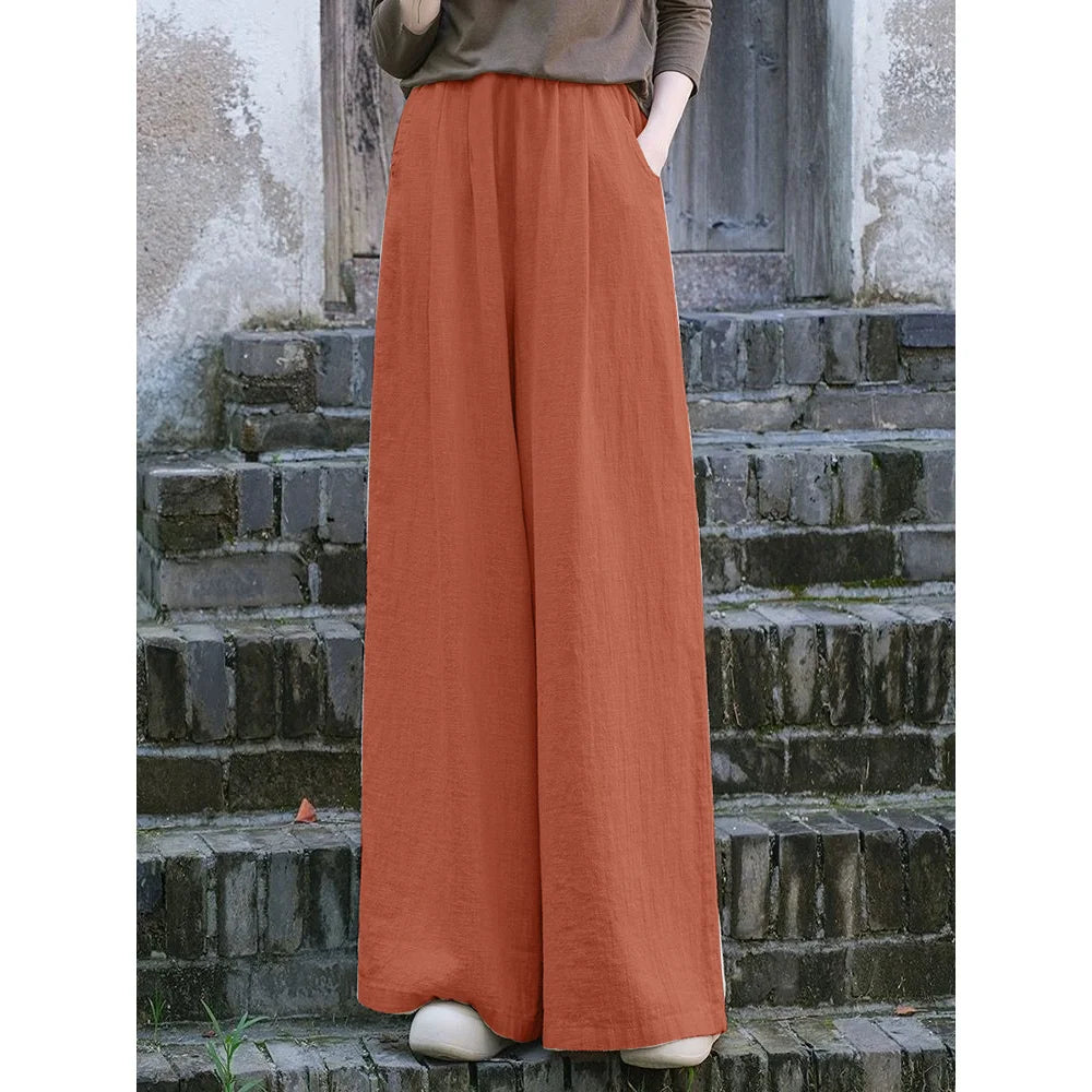 Linen Wide Leg Pants Women Casual Bohemian Loose Flowy Palazzo Pants Summer Spring